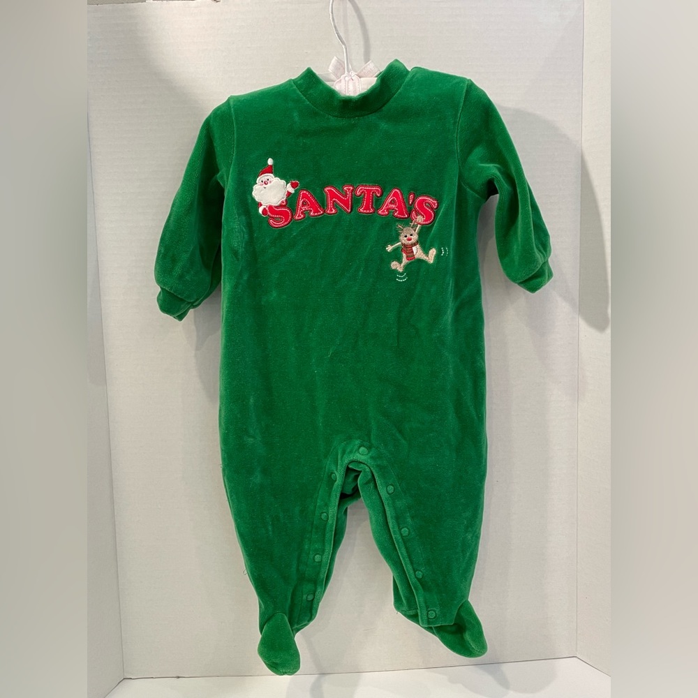 Santa’s Helper Christmas Holiday Onesie with Feet. Size 6M.